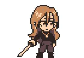 a chibi pixel art drawing of my OC, Diana! they have long blonde hair, a moon necklace, and a sword at their side.