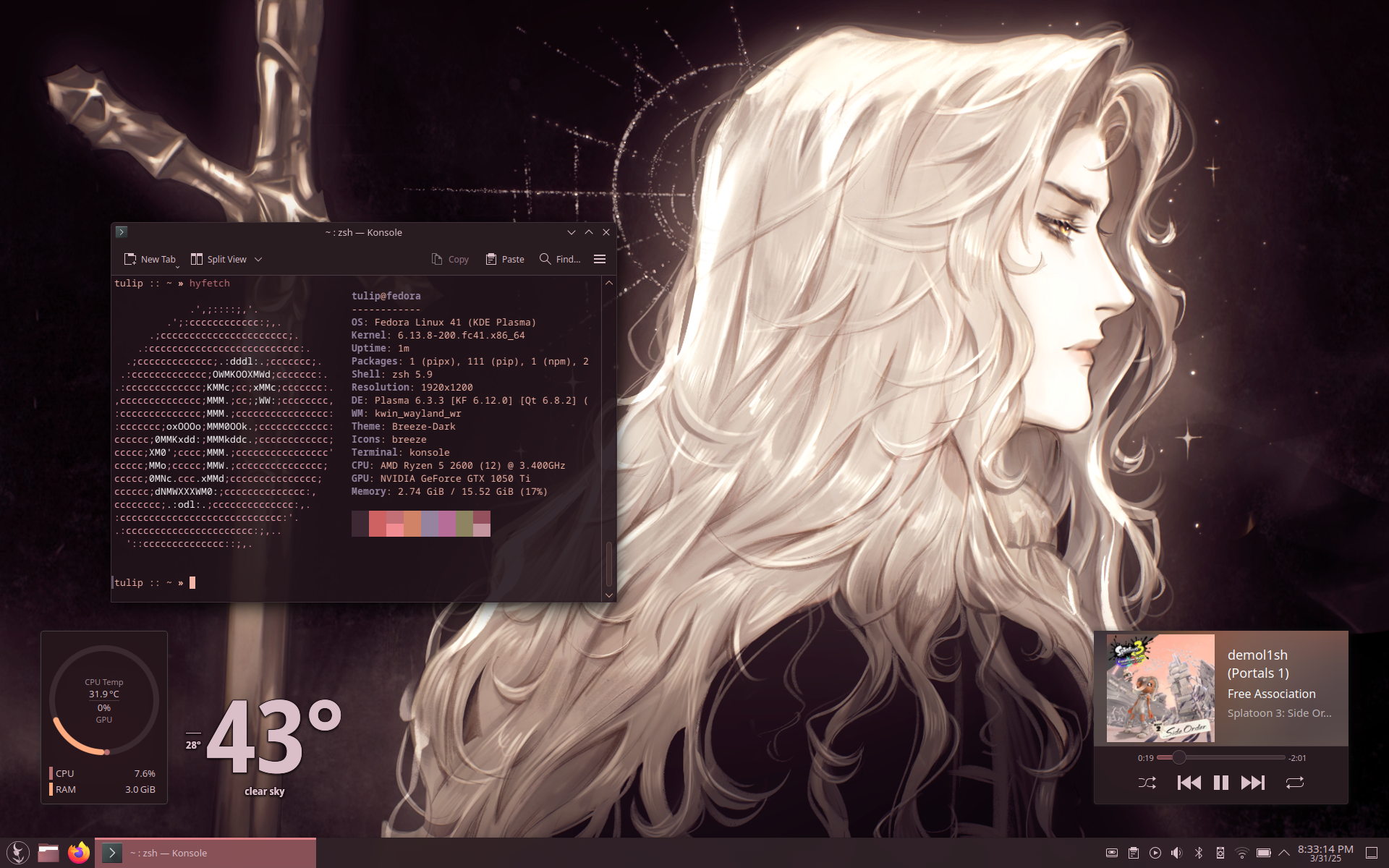 a desktop background, featuring Alucard, a vampire with long, platinum blonde hair, standing pensively next to a sword. a terminal window with various system statistics is open, and the overall color scheme is dark, muted and slightly rose-tinted