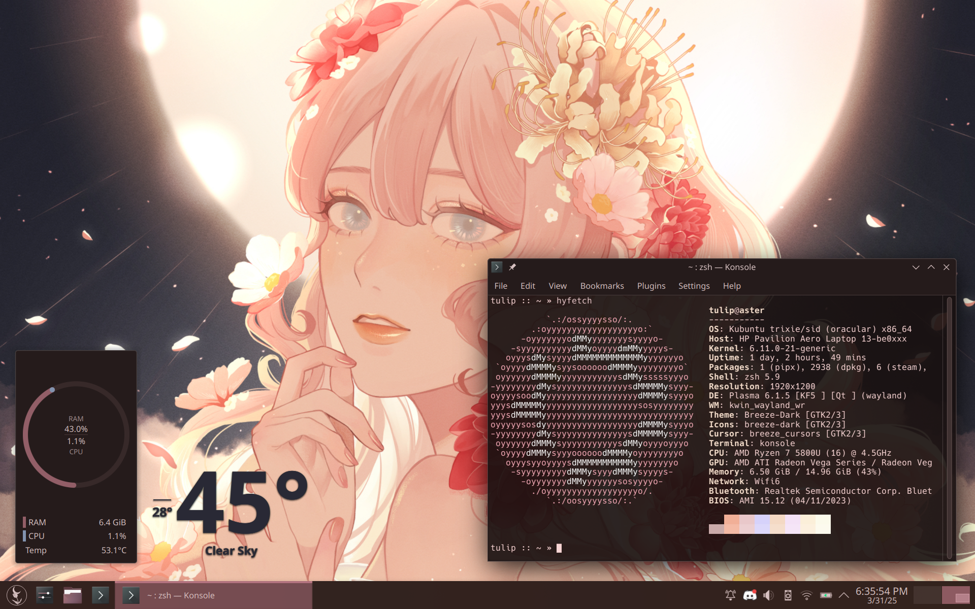 a desktop background featuring Megurine Luka, a woman with long, pink hair, with many flowers in her hair. there is a terminal window with various hardware statistics listed inside. the windows themselves are a dark, muted grey-brown