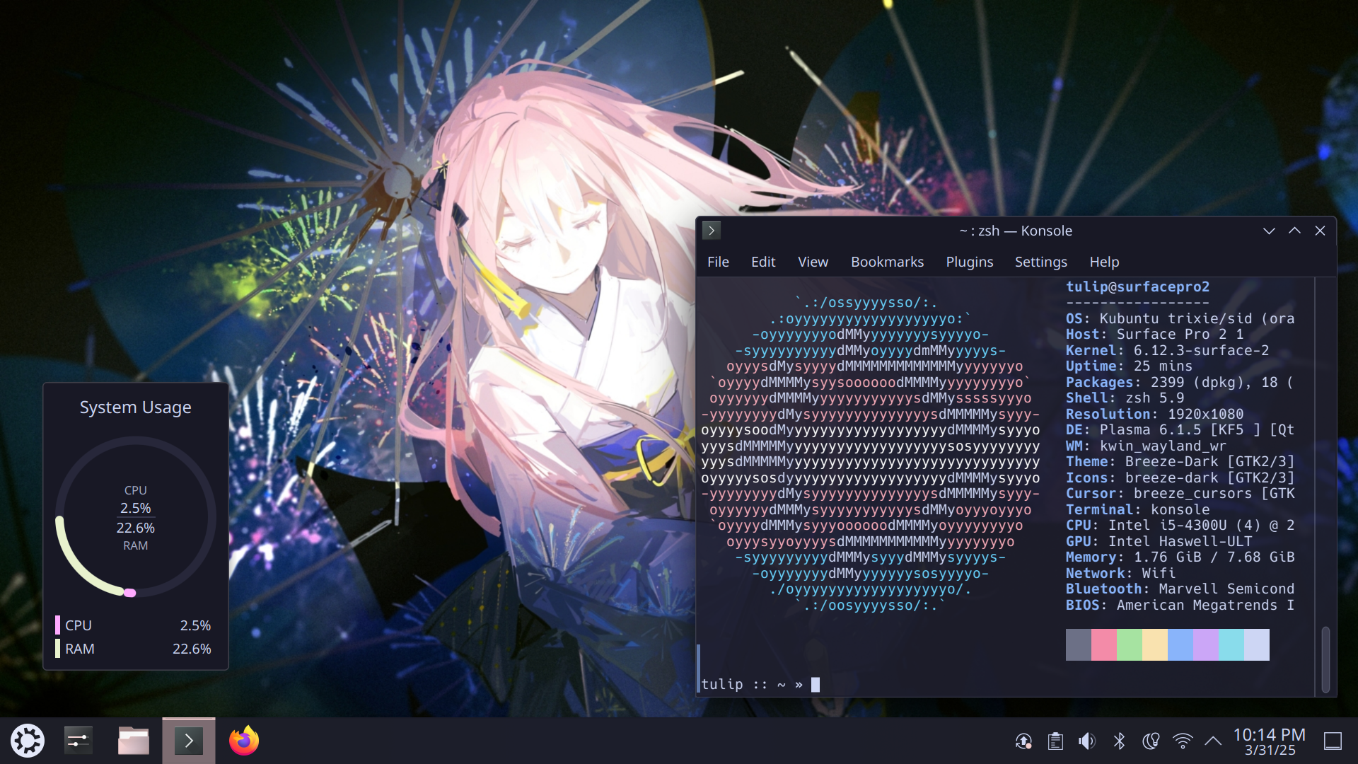 wallpaper of Megurine Luka, wearing a pastel pink kimono with colorful fireworks behind her. there is a terminal window with system stats in it