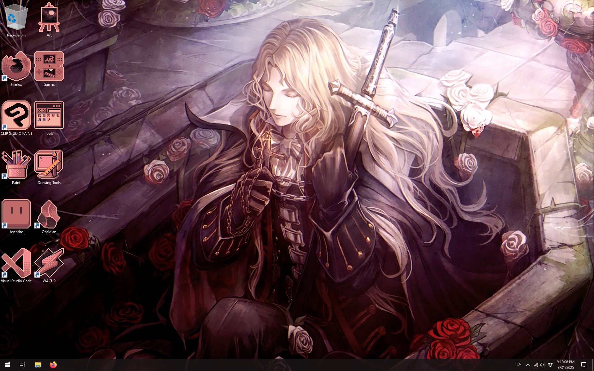 wallpaper featuring Alucard again, as he clutches his sword close to his body, while sitting in a coffin filled with blood red roses