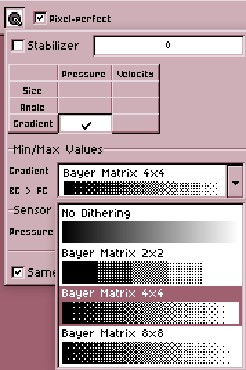 screenshot: a list of dithering pattern options