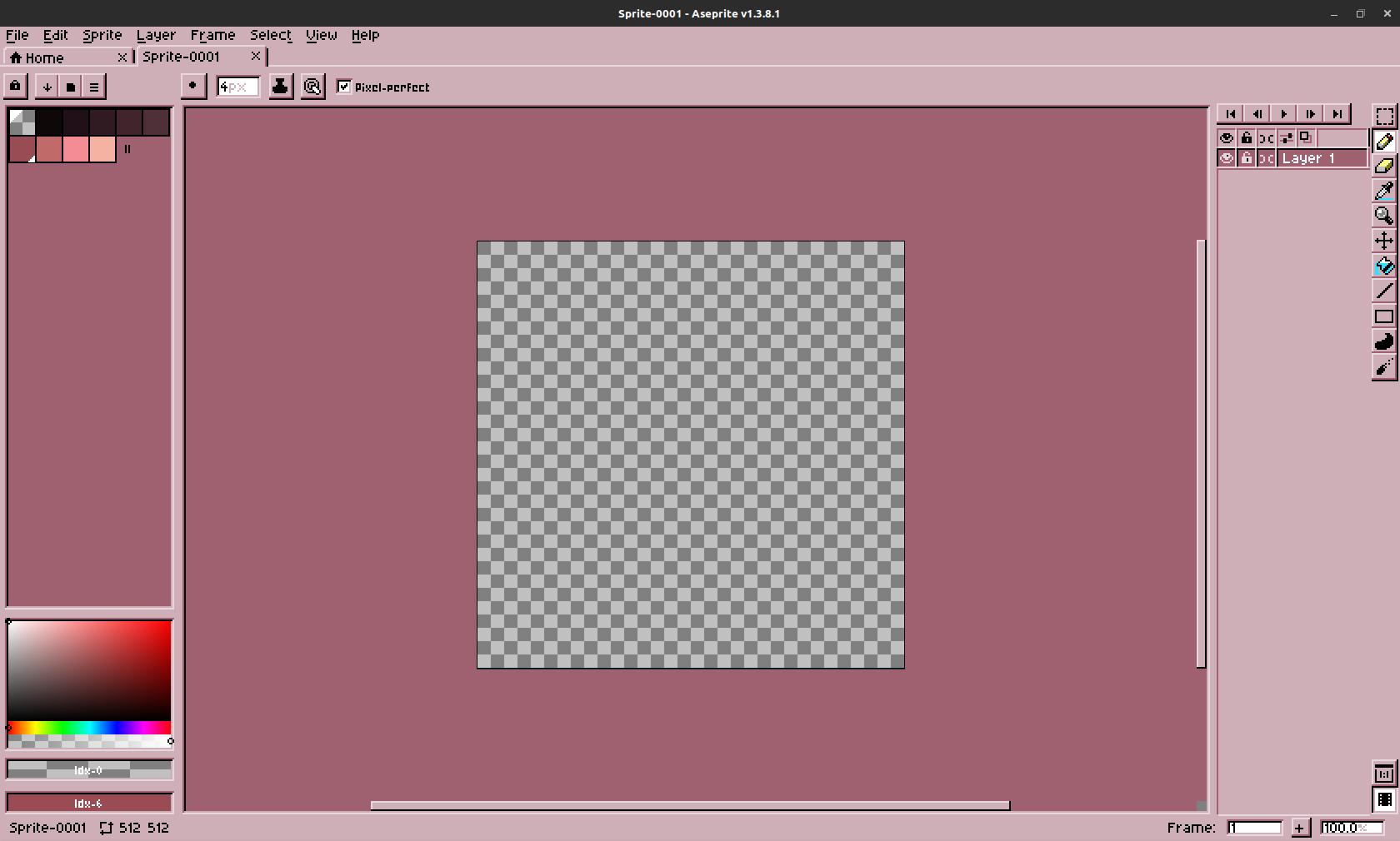 screenshot: my aseprite layout. it has a custom windows 95-inspired theme, with rose pink colors