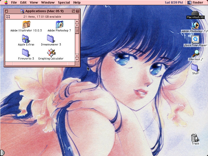 a classic Mac OS 9 desktop, with a soft pink theme applied, and a watercolor anime girl desktop.