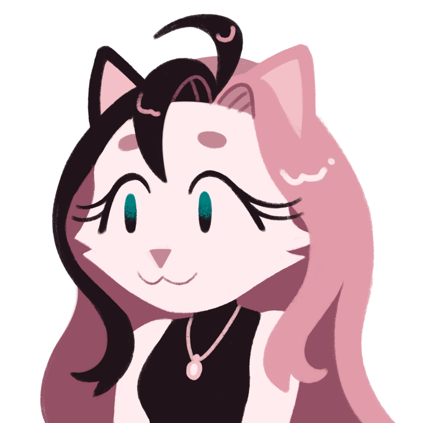 portrait of a catperson, with long pink and black hair. they're smiling cutely