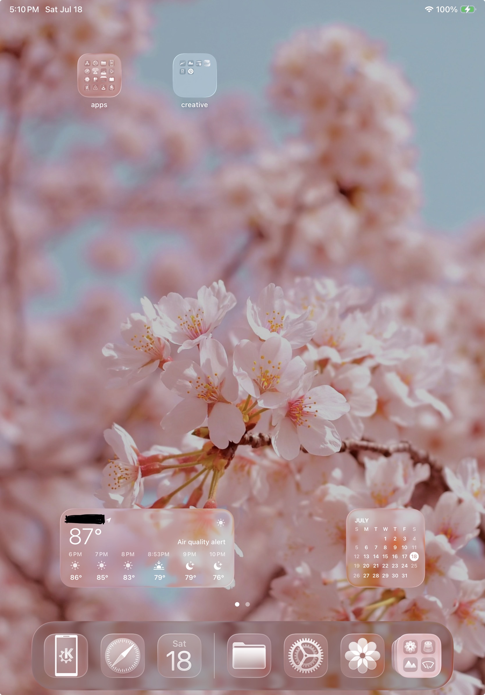 an iPad home screen, with a cherry blossom background.