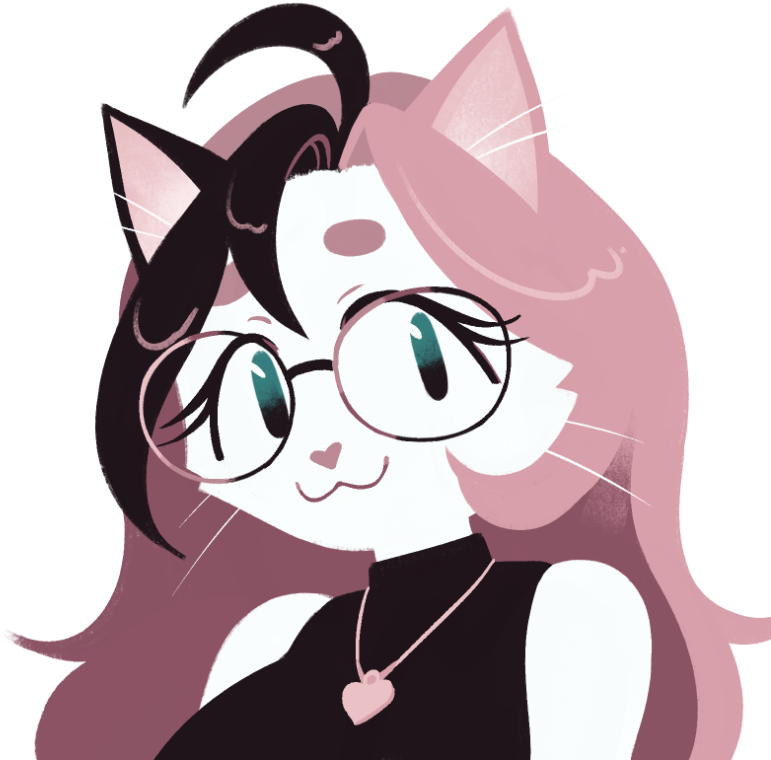 portrait of a catperson, with long pink and black hair. they're smiling cutely