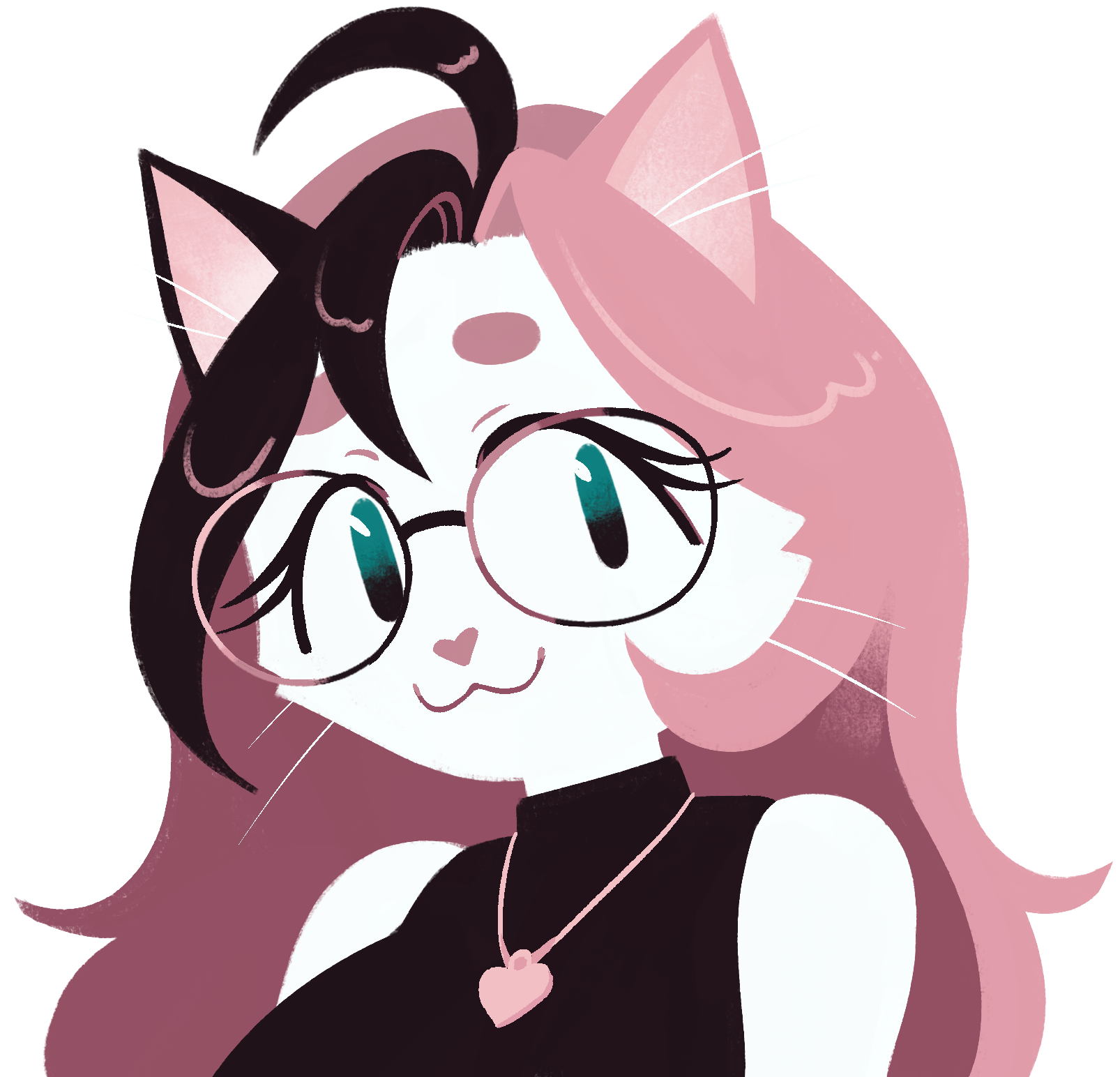 portrait of a catperson, with long pink and black hair. they're smiling cutely