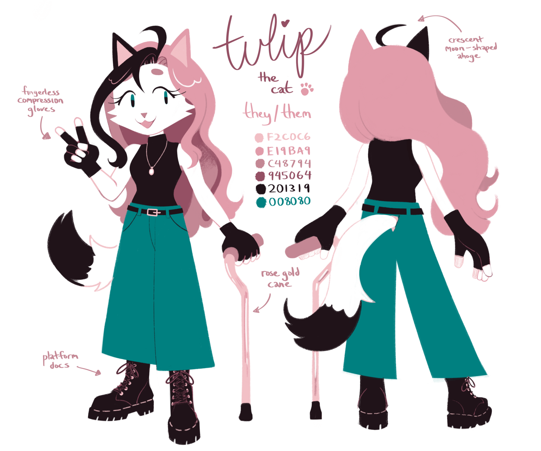 reference sheet for Tulip’s fursona, a cute calico cat person, with long pink and black hair, and a big fluffy tail. they’re holding a cane as well.