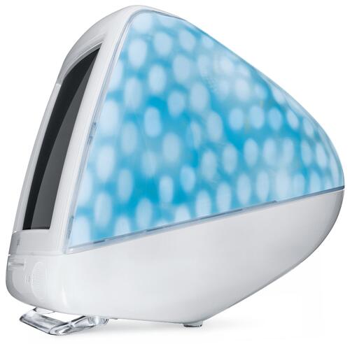 photo: a blue and white polka dot iMac G3