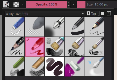 screenshot: a variety of digital brushes, mostly pencil and chalk-like ones