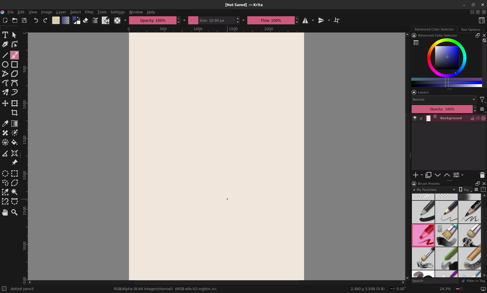 screenshot: Krita's default layout. the right side of the screen has several tool panels, and it feels a bit cramped to me.