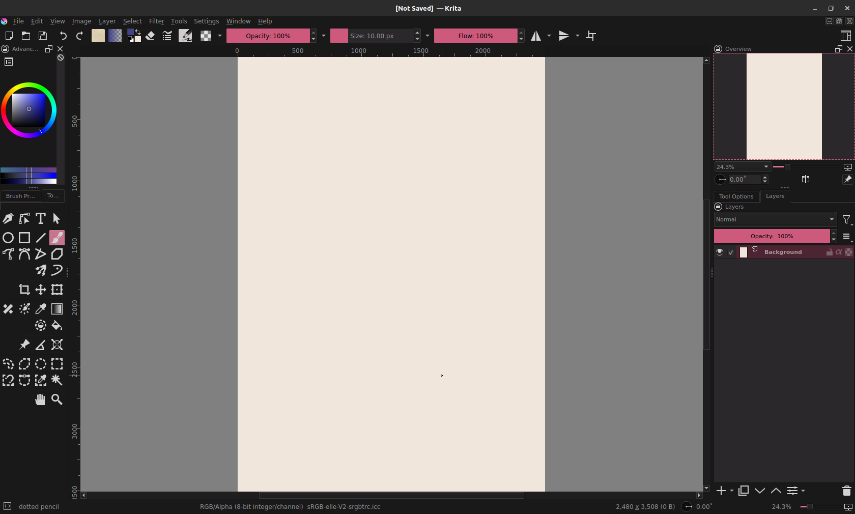 screenshot: adjusted Krita layout. the layers panel has more space to display layer information, and now the color picker is on the left side.