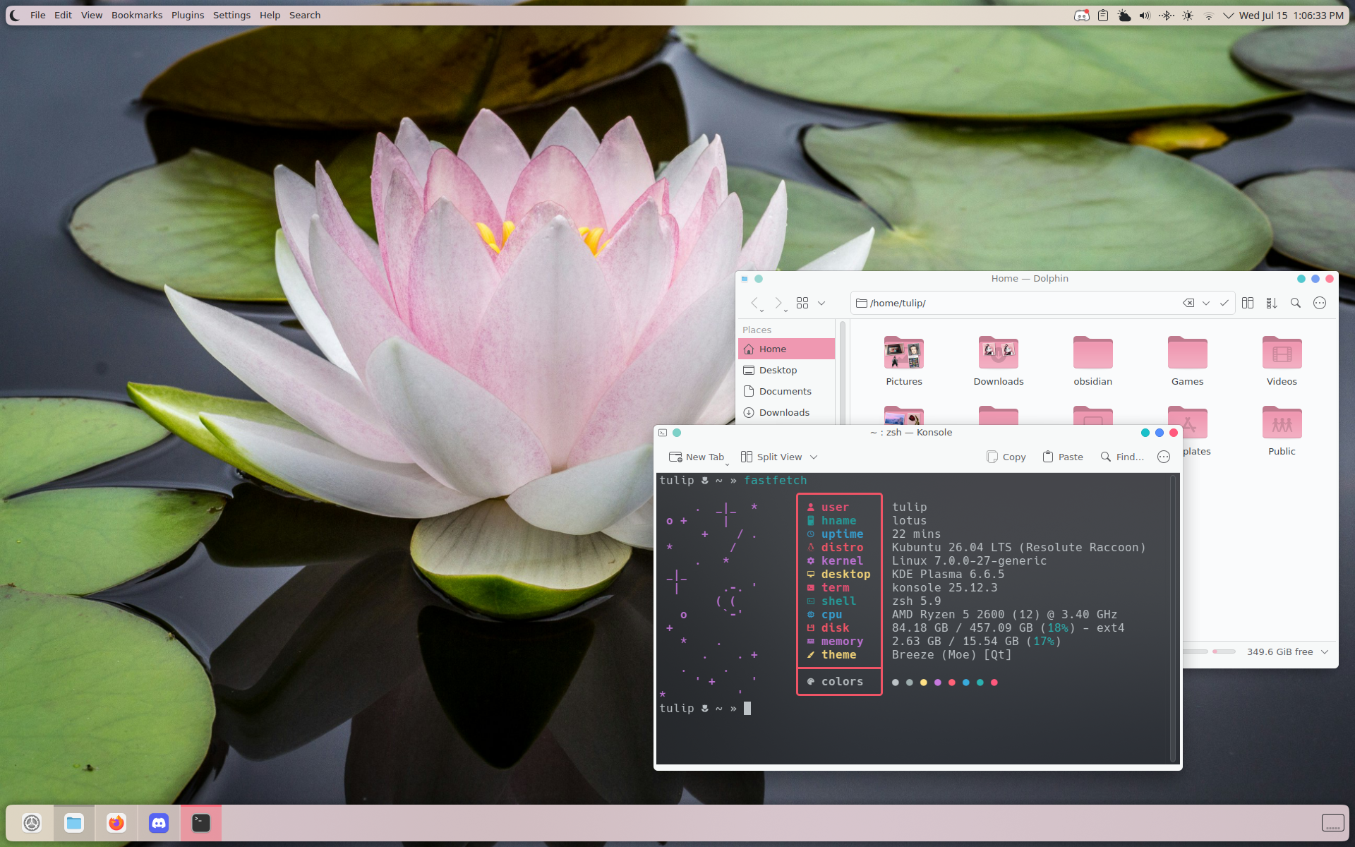 a Linux desktop, with a lotus flower background, and a light interface with soft pink accents.