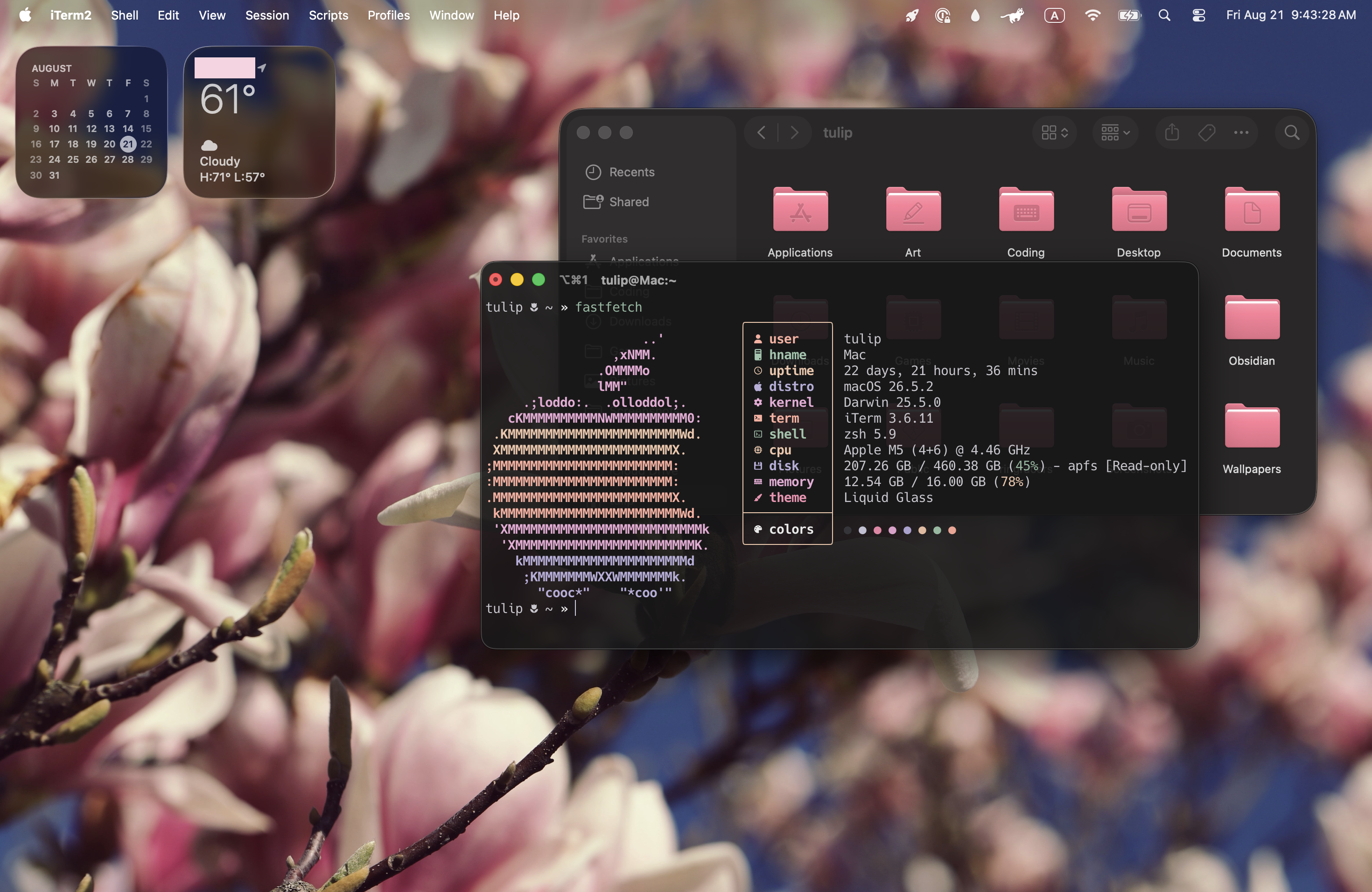 a modern macOS desktop, with a flowering magnolia tree background, and soft pink accents in the UI.