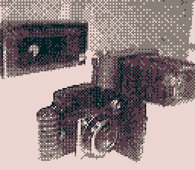 a low resolution, pixelated photo of several antique cameras.