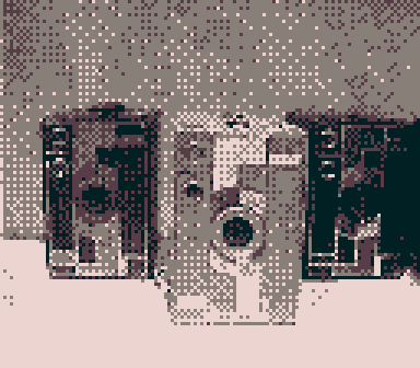 a low resolution, pixelated photo of several antique Kodak Brownie cameras